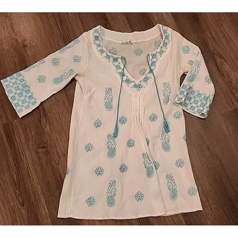 Trina Turk Womens Small Tunic Top Swimsuit Cover Embroidered Tie 100% Cotton